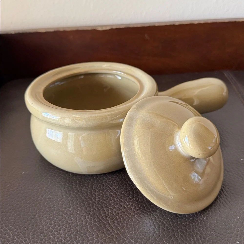 Vintage Ceramic Glazed Beige Pot Bowl w/Handle for Soup, Casserole or Beans